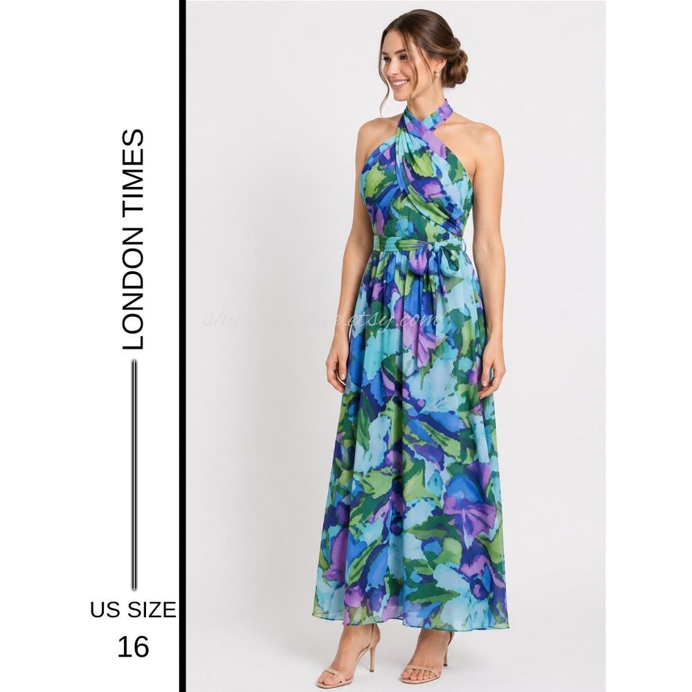 MSRP: $136 | ✨ London Times Watercolor Floral Halter Maxi Dress Size 16 NWT ✨